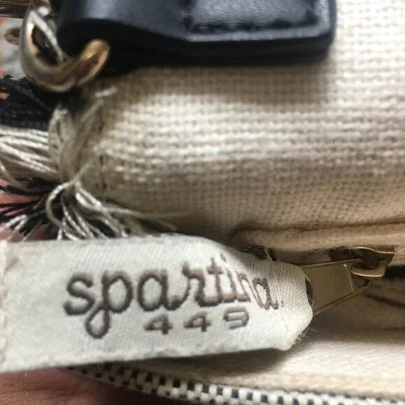 SPARTINA 449 Cordelia Clutch Tan Linen Black Leather Brown Embroidery Fringe - Picture 6 of 8